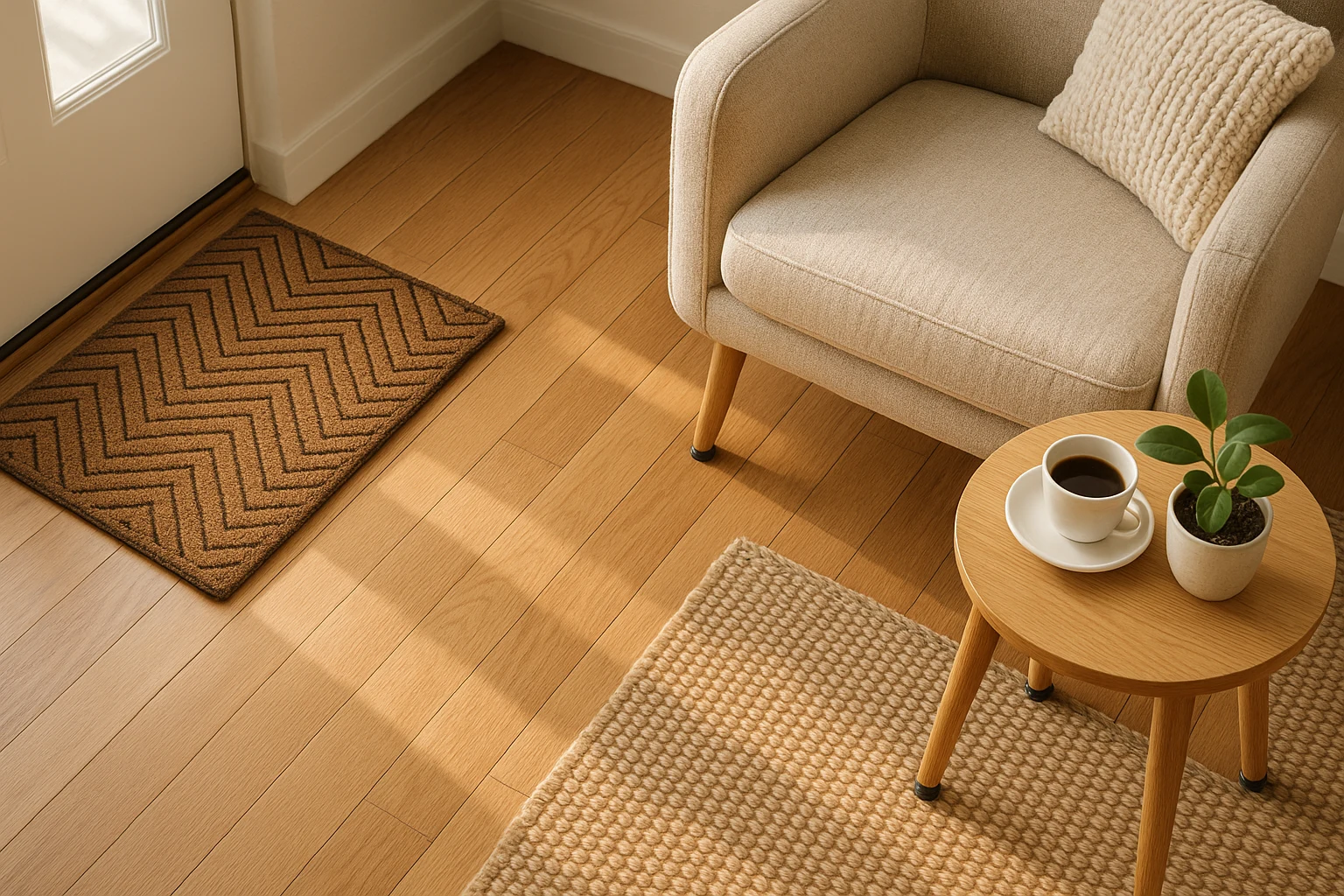 Hardwood floor with doormat and furniture pads for protection