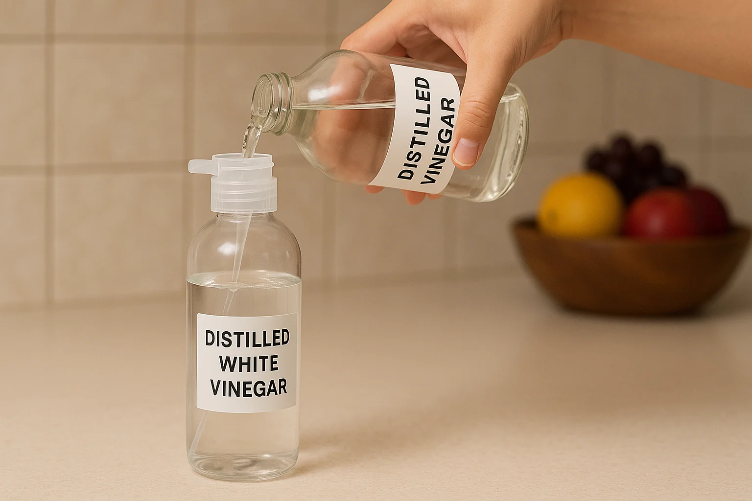 Mixing vinegar and water for homemade cleaning solution for hardwood floors