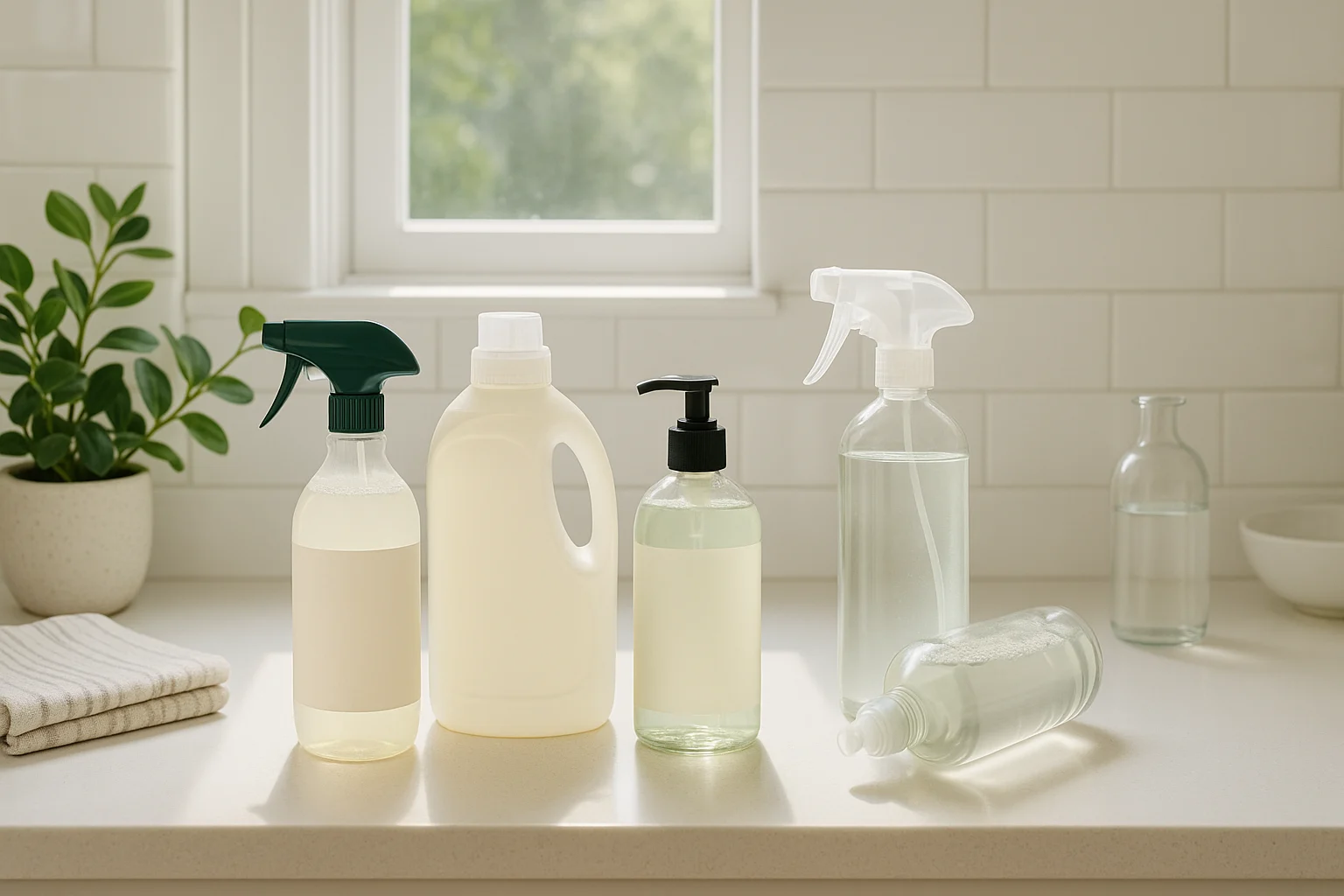 Assorted natural cleaning products at Target on a clean kitchen counter