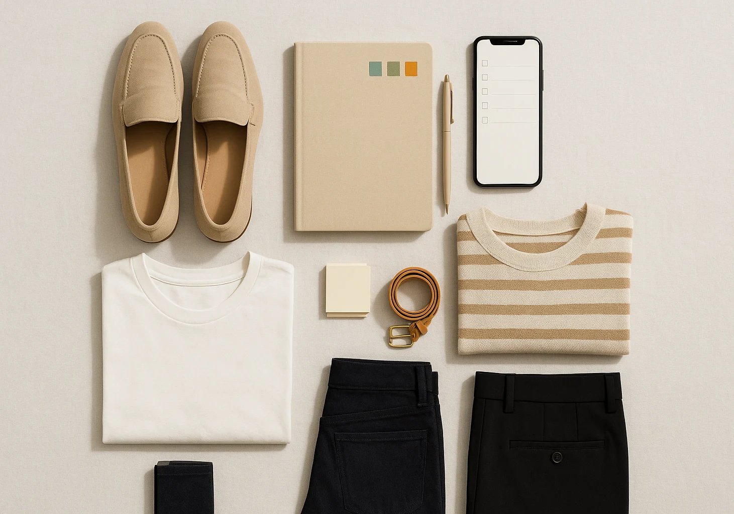 Lay out core pieces and plan outfits to maximize mix and match potential across work, casual, and evening settings.