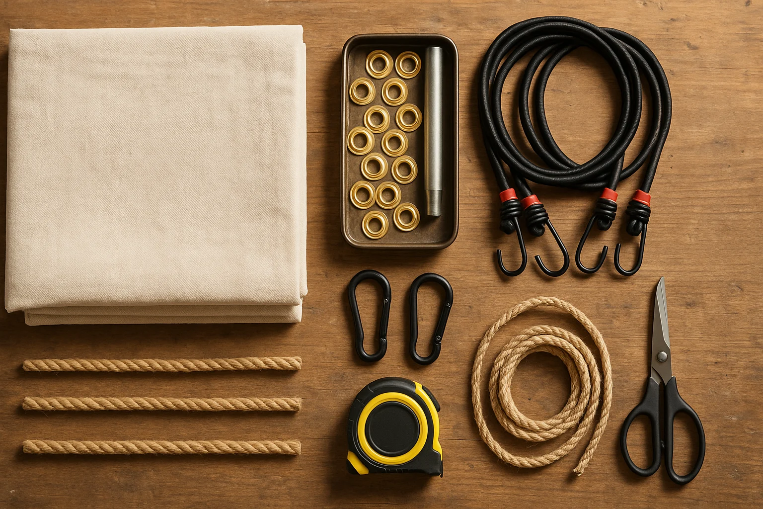 Materials for DIY backyard shade including tarps and ropes