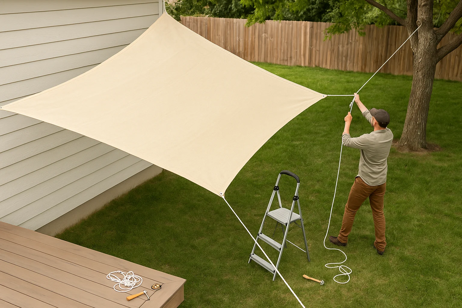 Installing a DIY drop cloth shade sail in a backyard