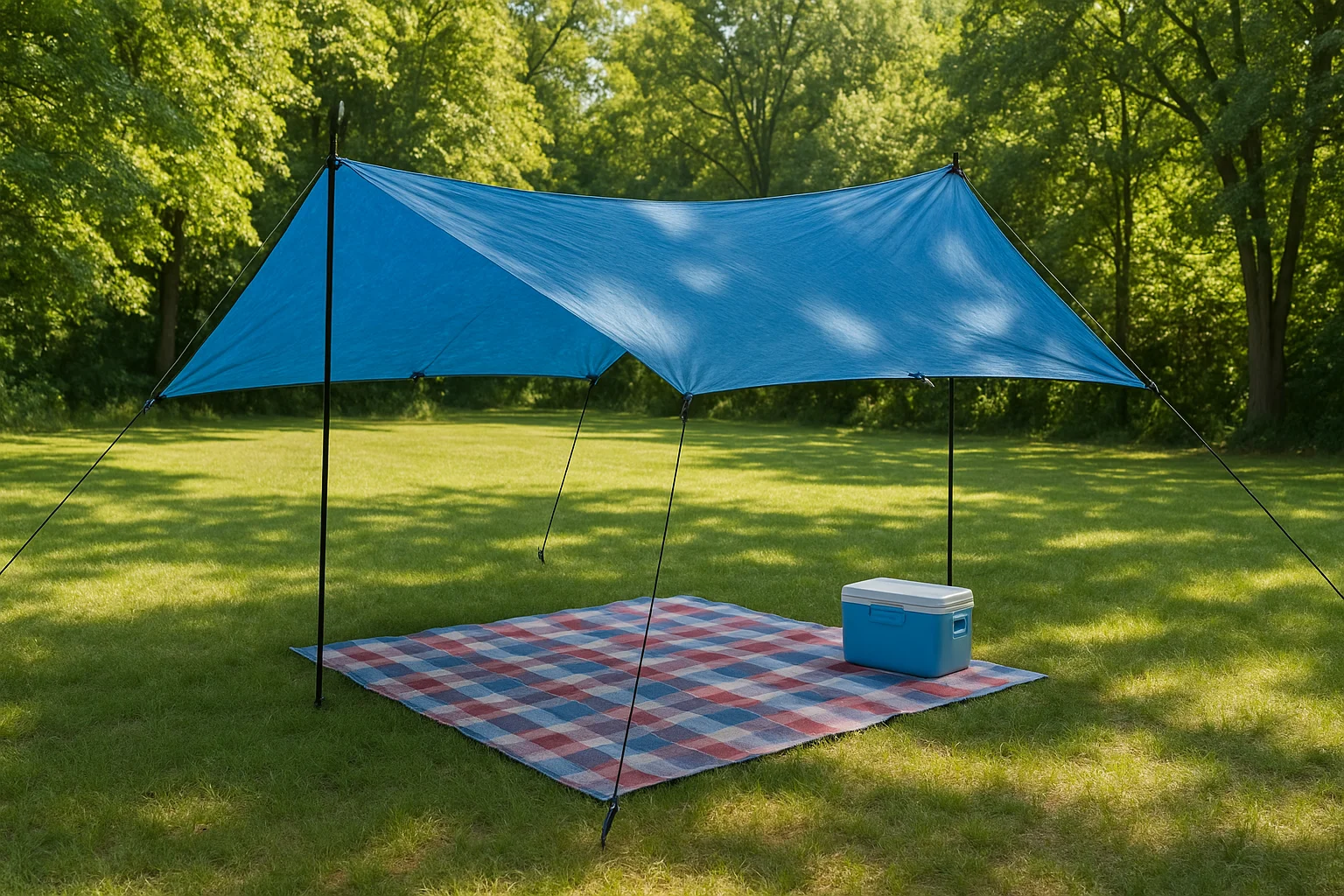 Tarp and bungee budget DIY backyard shade ideas setup in an open backyard.