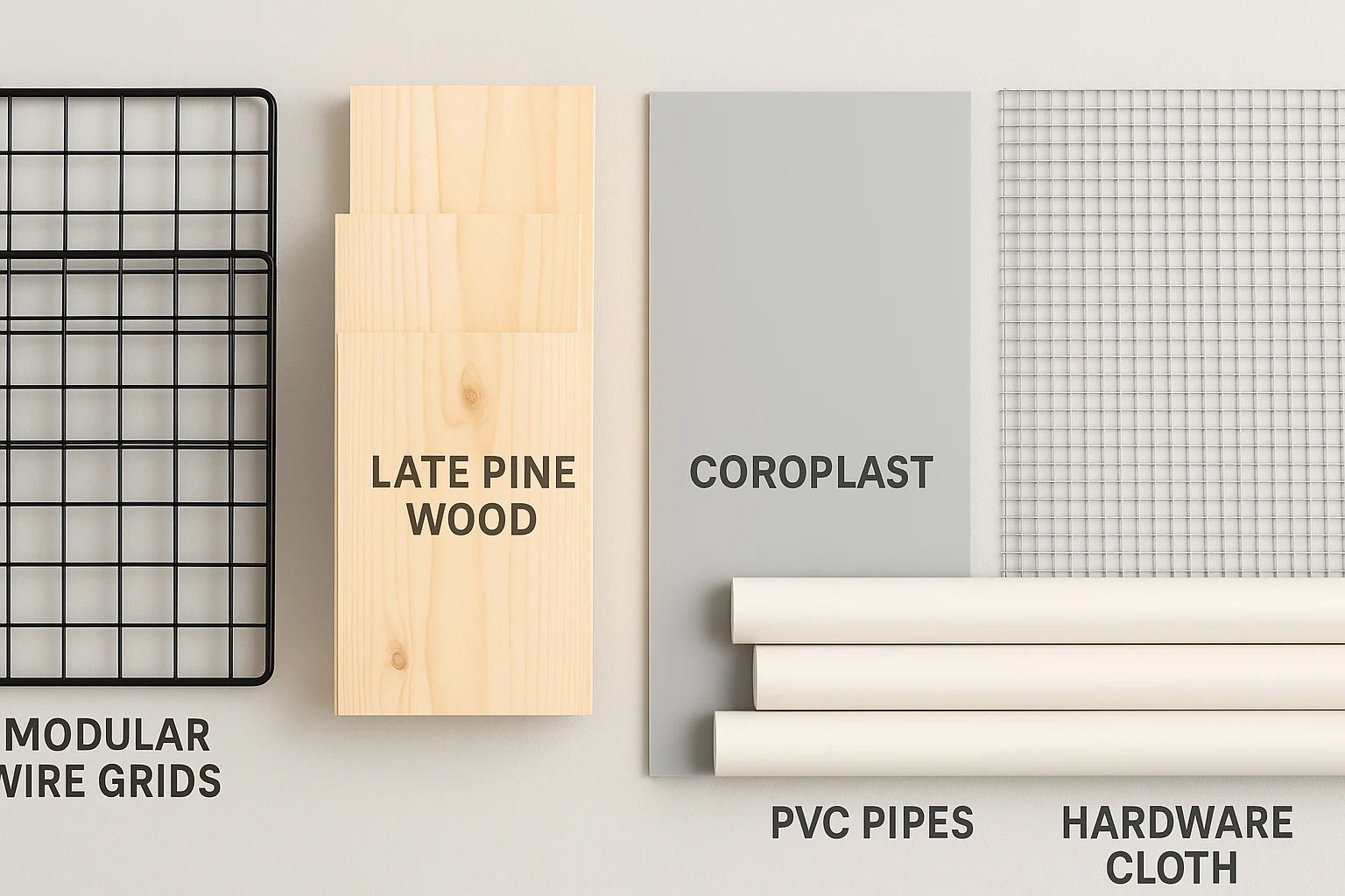 Materials for DIY pet cages including wire grids and wood