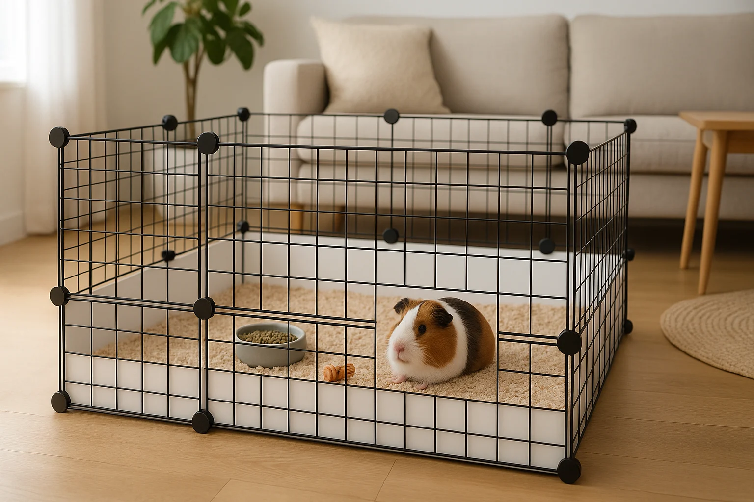 Tools for building DIY pet cages including measuring tape and wire cutters