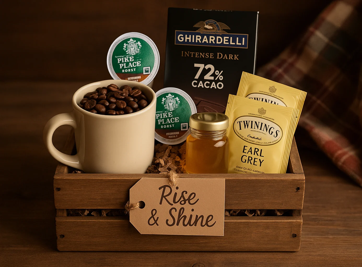 Coffee-themed gift basket with mug and cookies