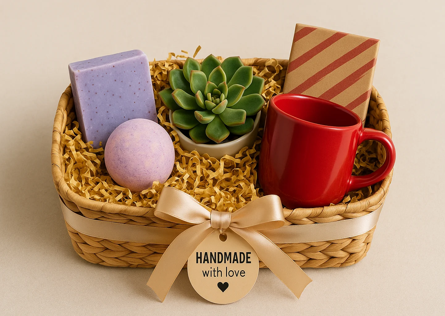 Cheap homemade gift basket ideas featuring a vibrant wicker basket filled with colorful items like candles, snacks, and bath products, adorned with a bright ribbon for a festive touch