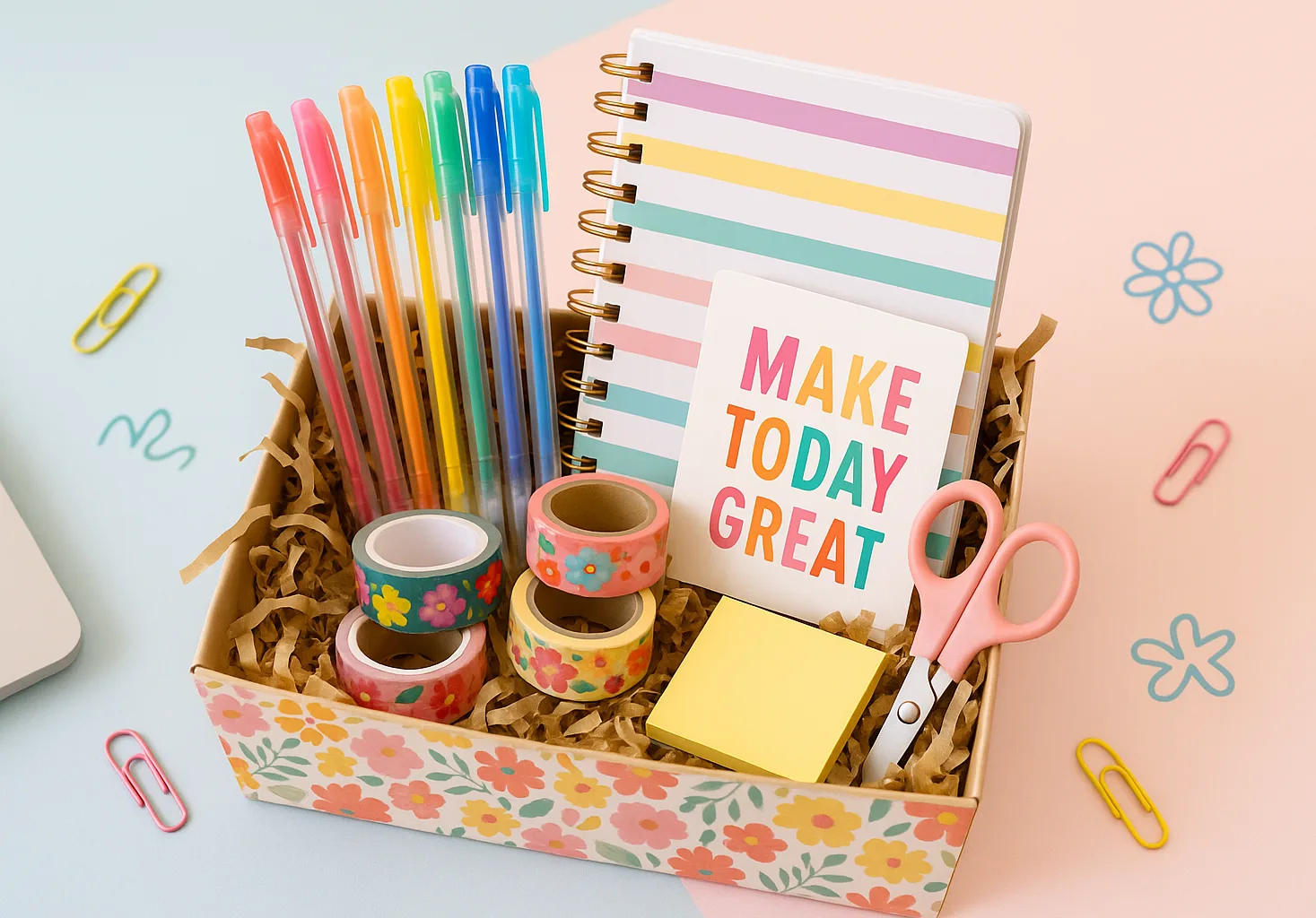 Stationery gift basket with pens and journal