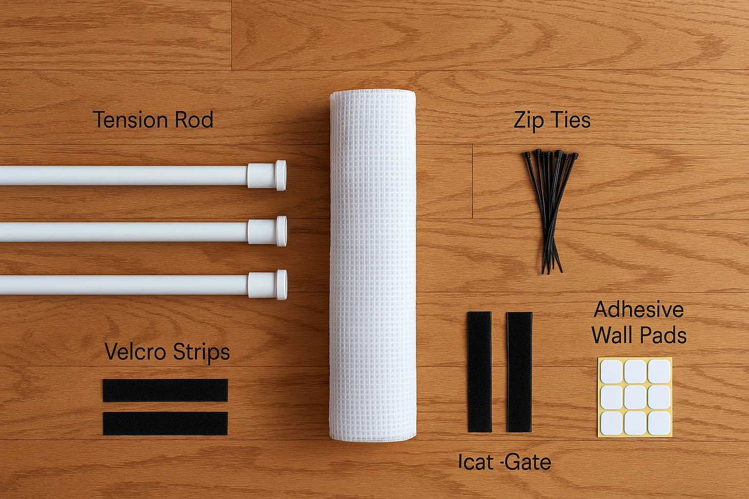 Materials for a DIY pet gate for cats including tension rods and mesh netting