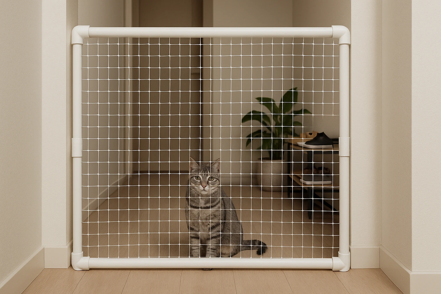 Sturdy PVC frame DIY pet gate for cats in a hallway
