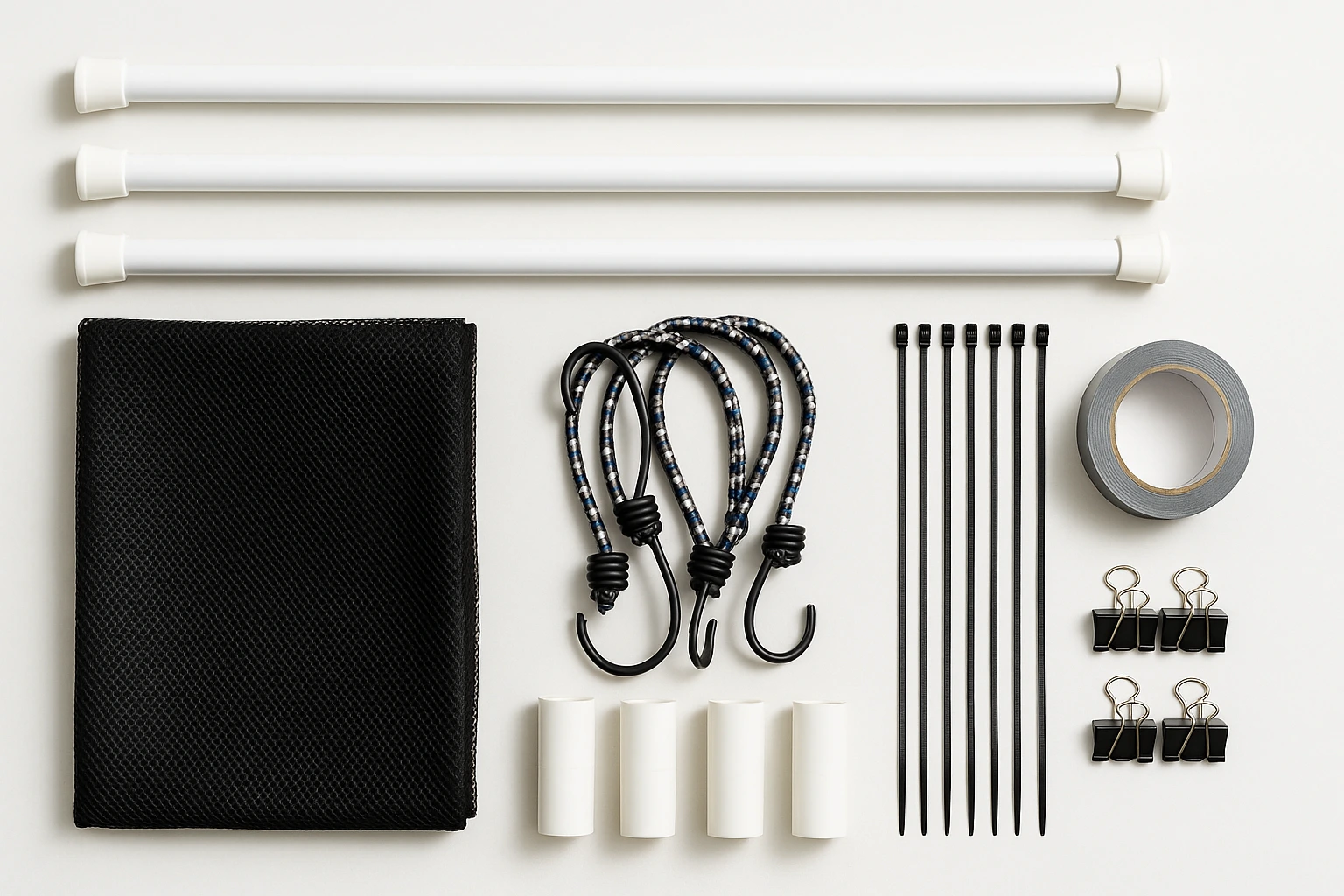 Materials for a DIY pet barrier for car including tension rods and mesh