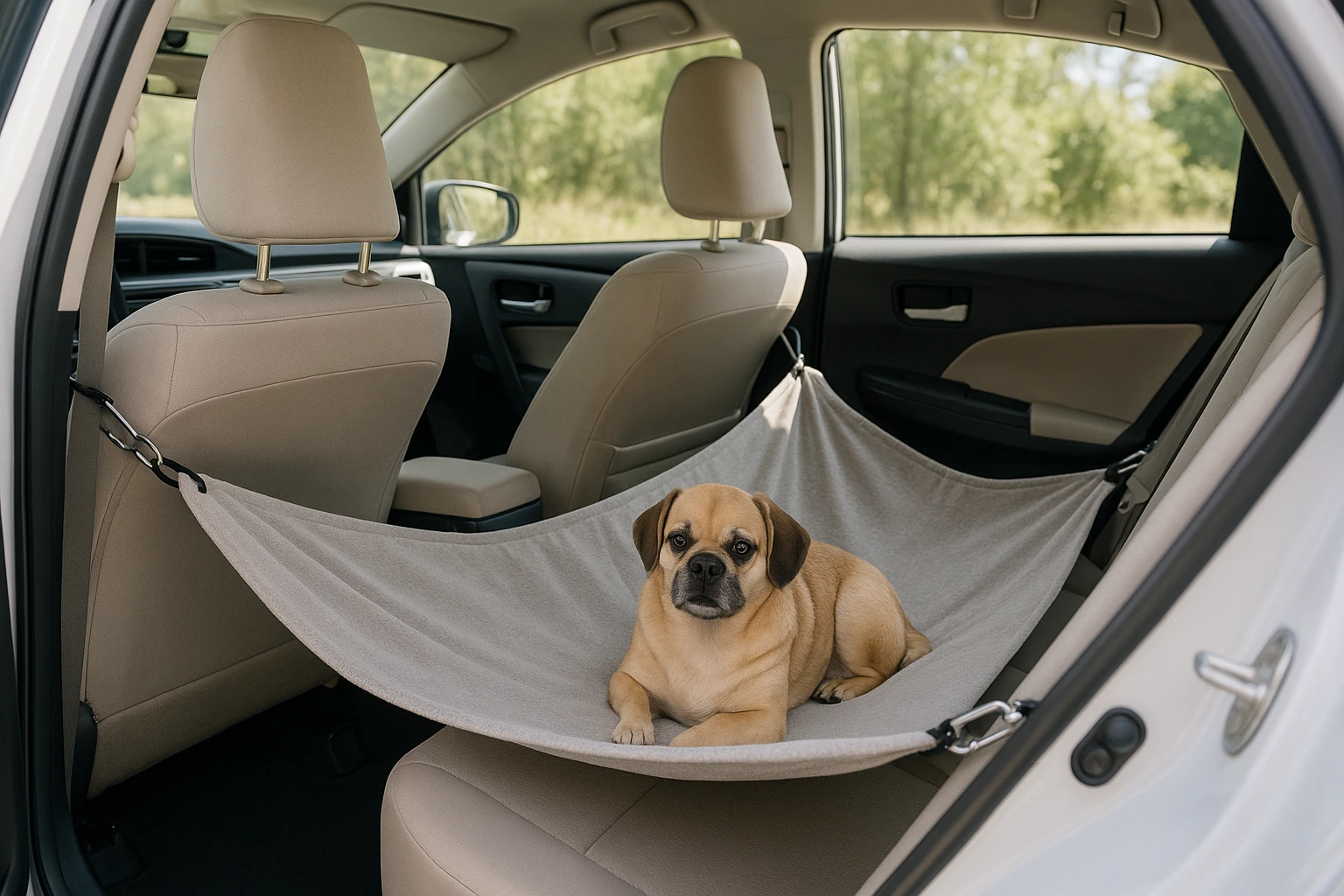 DIY pet hammock barrier in a car backseat