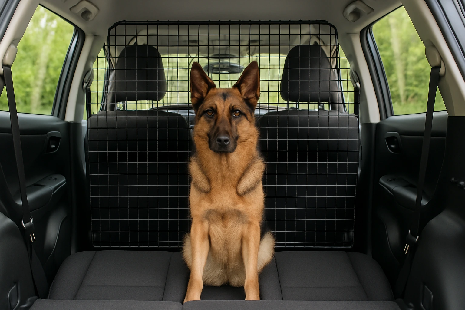 Dog safely contained behind a DIY pet barrier in a car