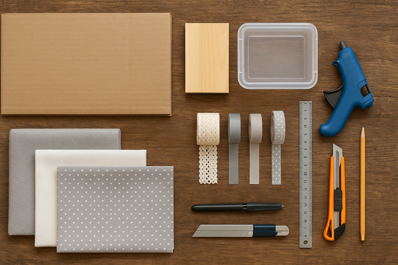 Materials for DIY pet casket including cardboard and wood