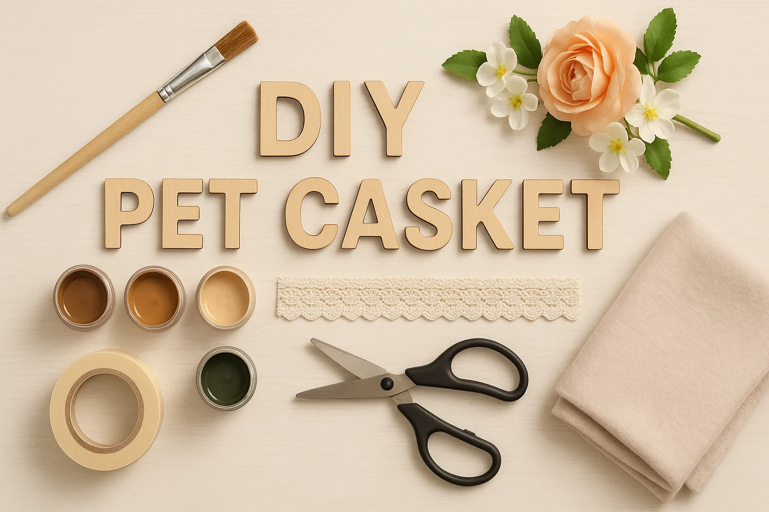 Supplies for DIY pet casket including glue and fabric