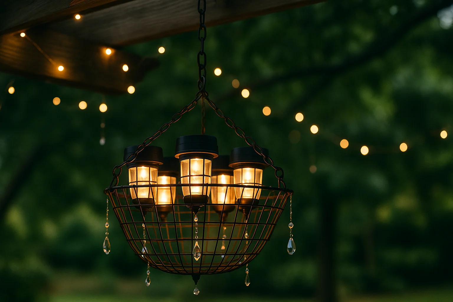 Rustic wire basket chandelier from dollar tree diy solar light projects