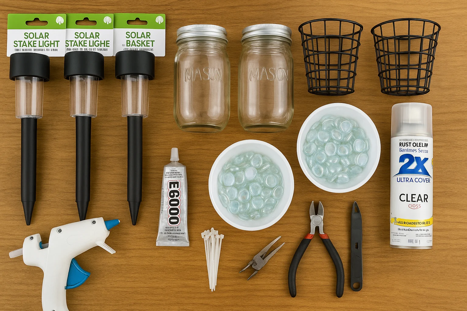 Materials for dollar tree diy solar light projects including solar lights and mason jars