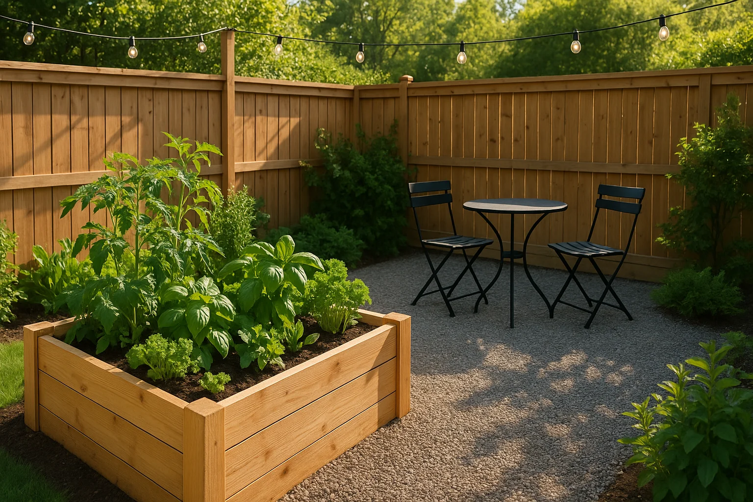 Cozy backyard with DIY raised garden bed and gravel patio