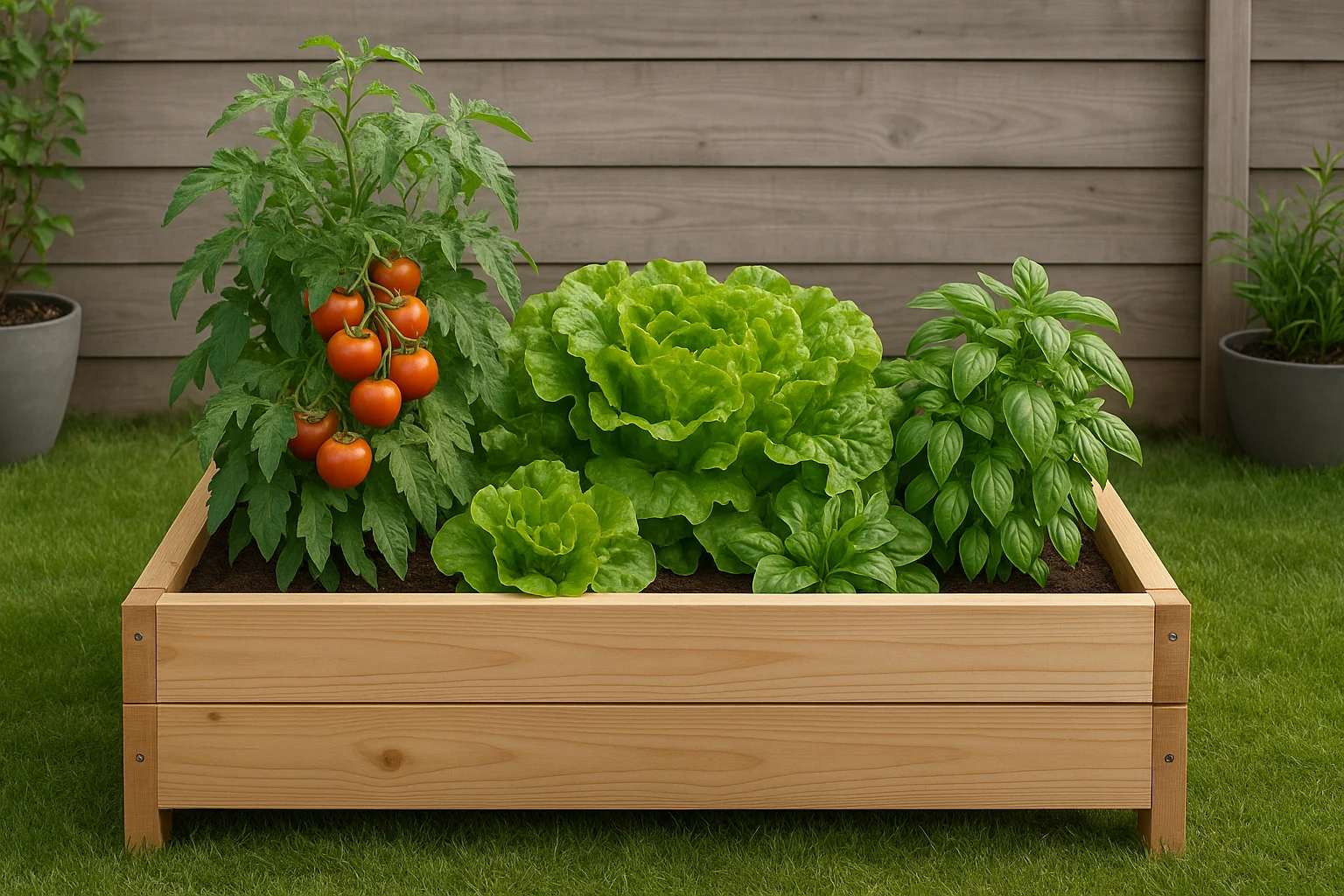 DIY raised garden bed filled with fresh vegetables