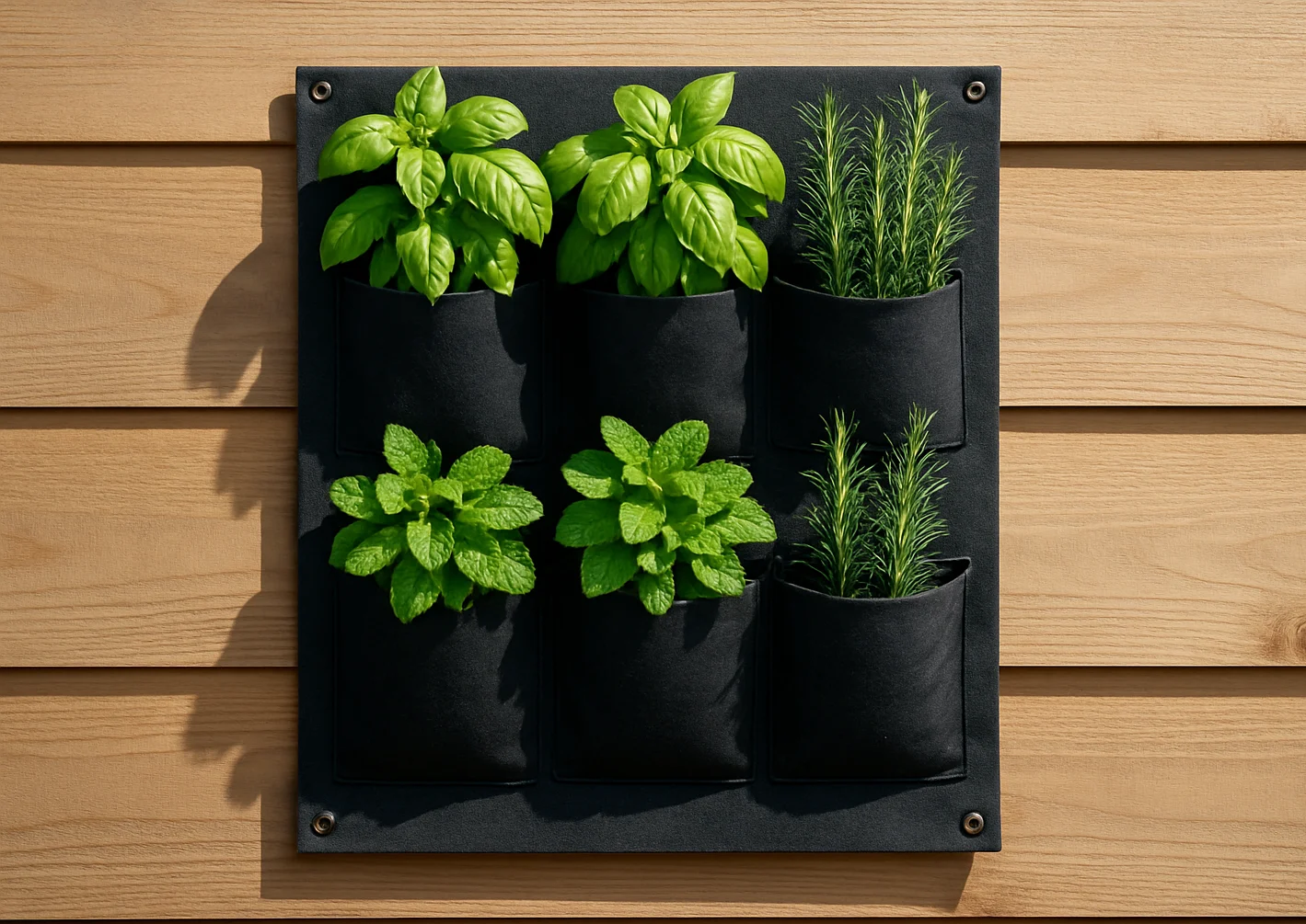 Vertical herb garden wall with fresh basil and mint