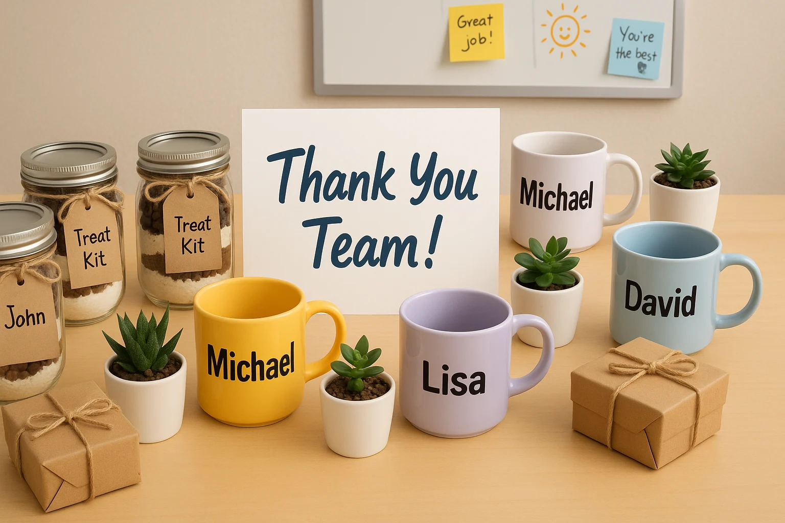 Handmade gifts for coworkers arranged for a team appreciation event