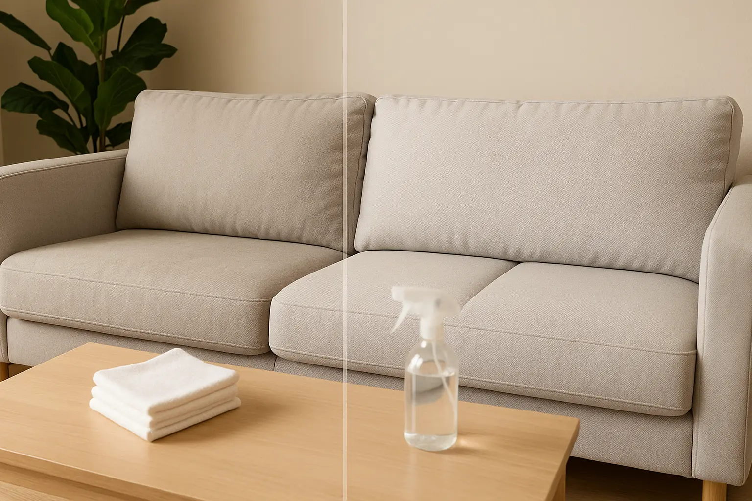 Freshly cleaned sofa using a homemade cleaning solution for upholstery