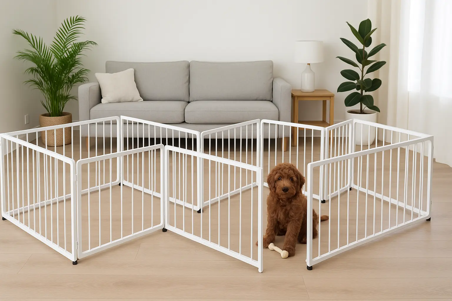 Modular maze DIY pet barrier in an open living room