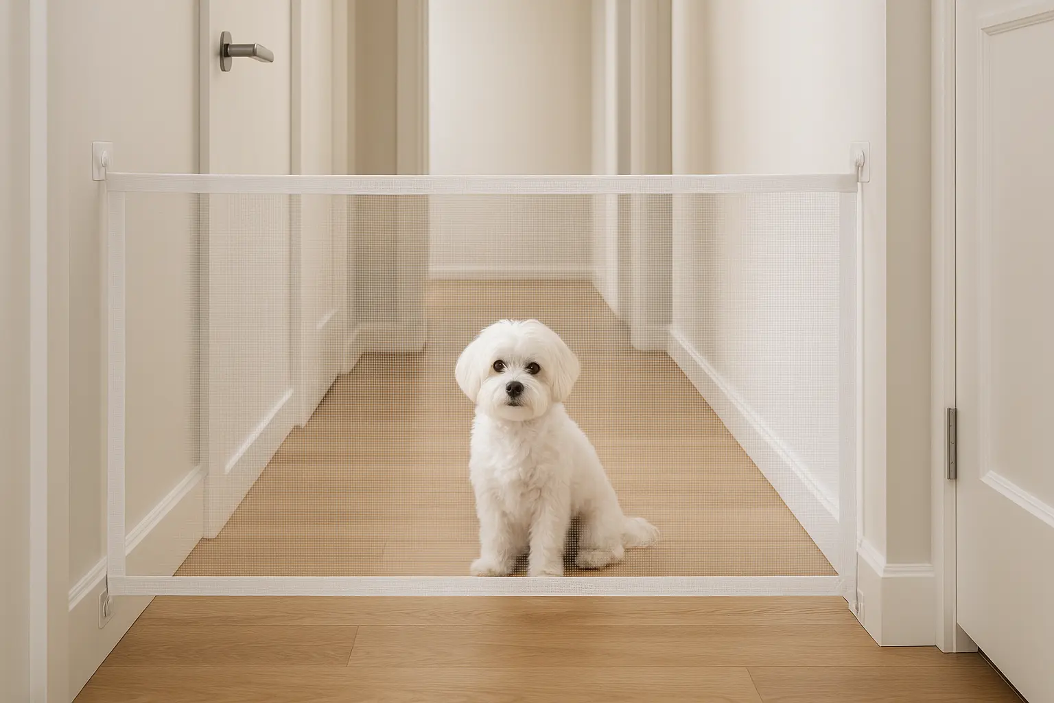 Stick-on DIY pet barrier with mesh in a hallway