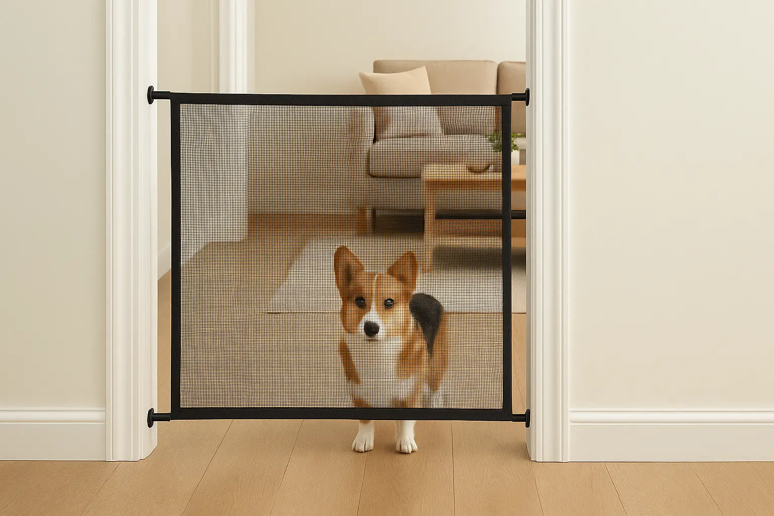 Tension rod DIY pet barrier in a doorway with mesh