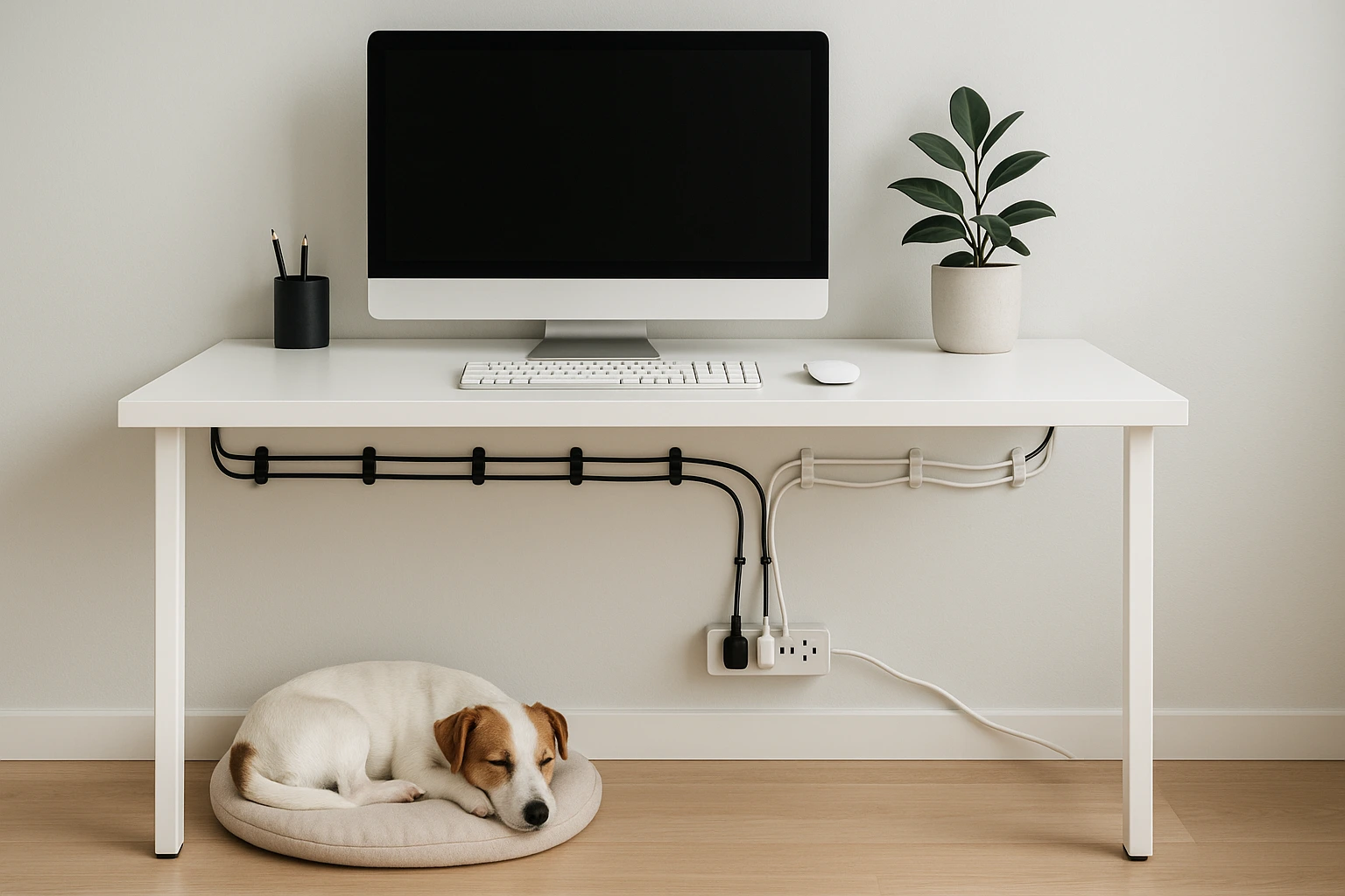 Organized cords using clips to keep cables pet-safe