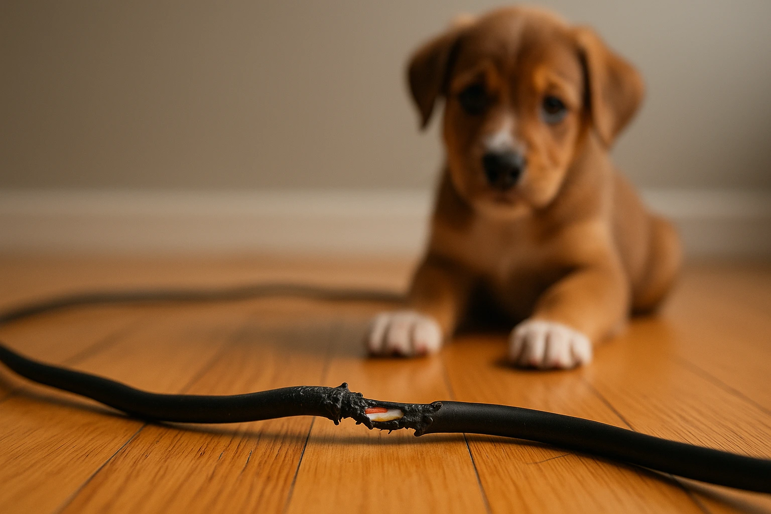 Chewed electrical cord highlighting cord-chewing risks