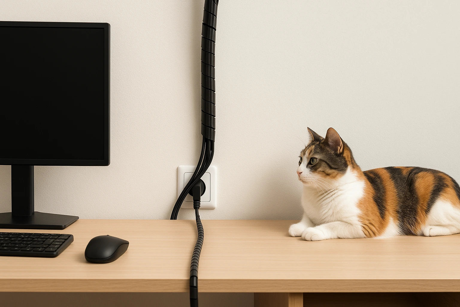 Spiral cable wrap applied as a DIY pet cord protector