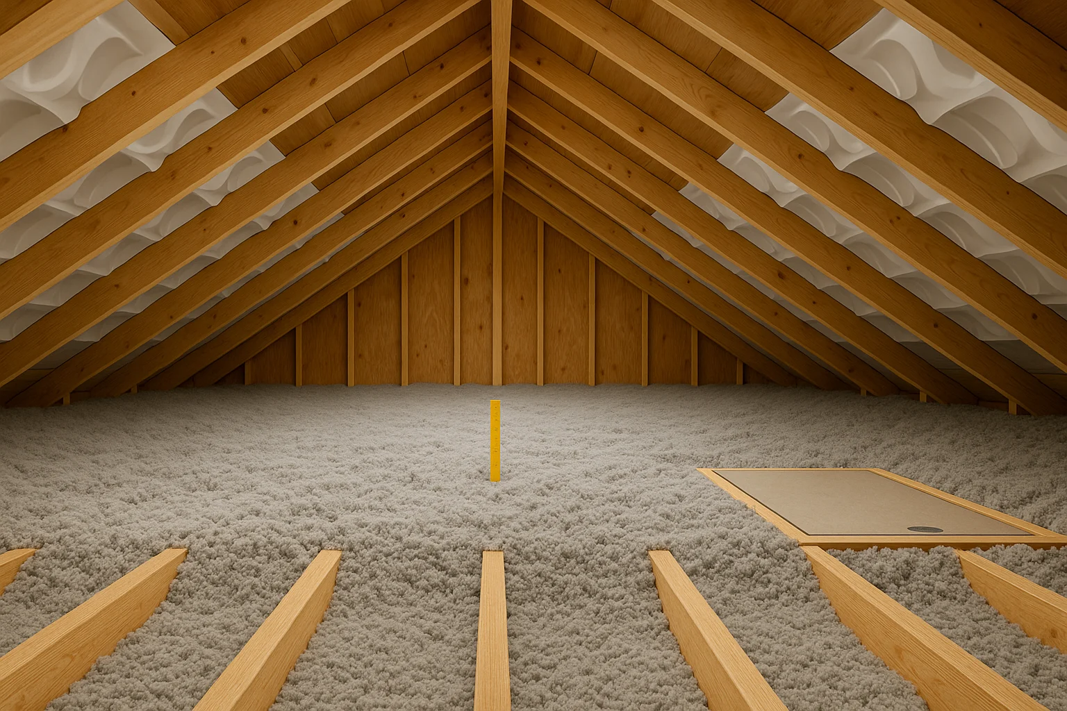 attic insulation diy in an unfinished attic with baffles and a ruler for depth.
