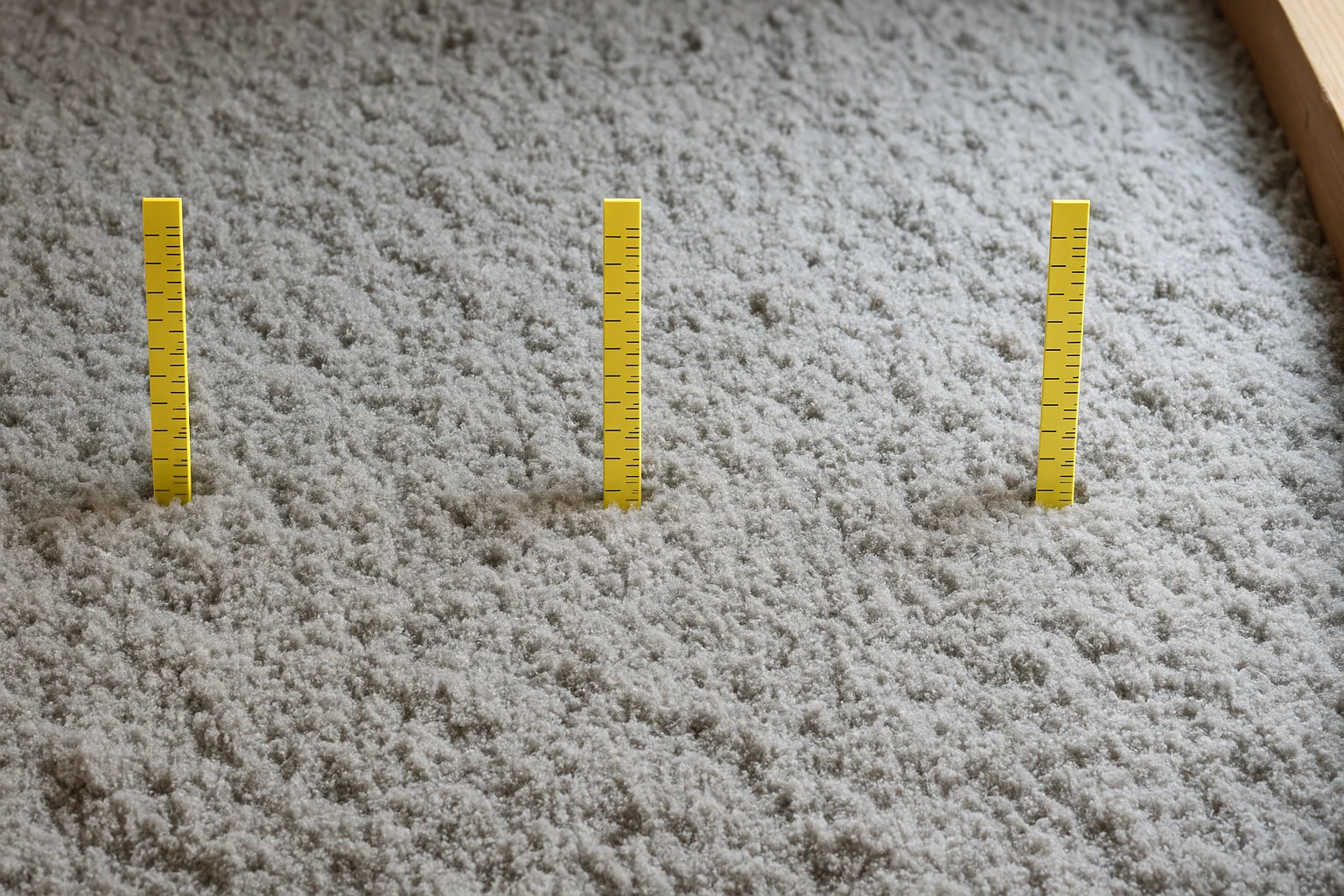 Depth rulers rising above evenly blown cellulose across attic joists to show target insulation coverage level.