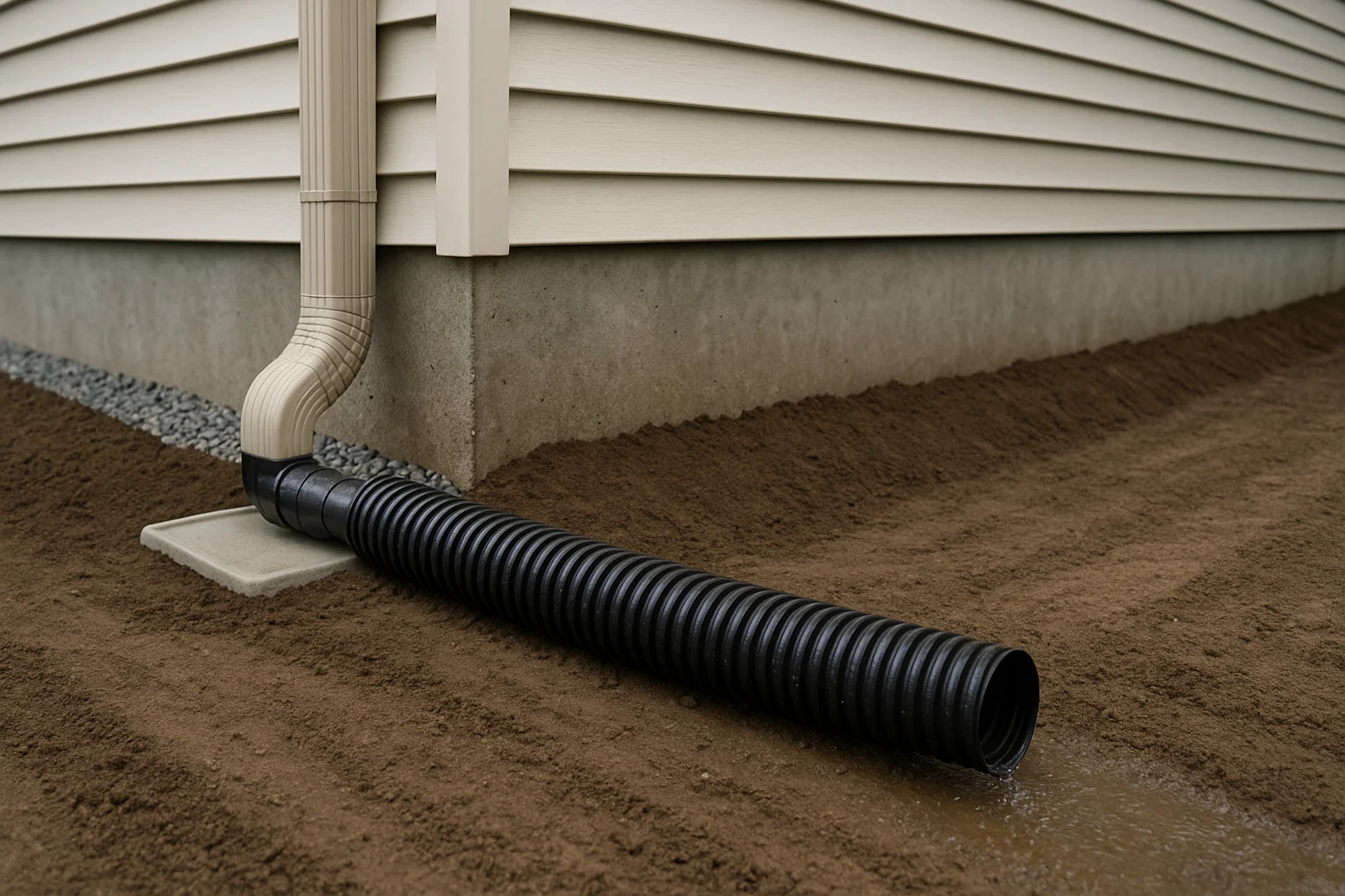 Homeowner regrading soil and extending downspouts during diy basement waterproofing after spring rain.