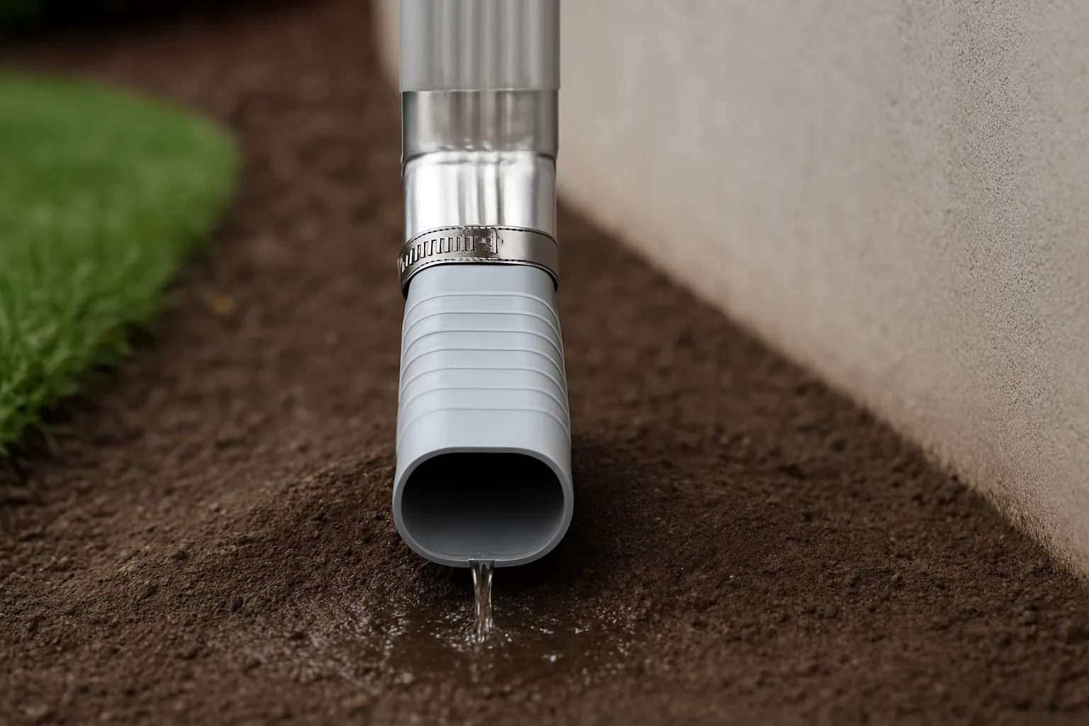 Close-up of a downspout extension directing runoff away from a foundation wall over a sloped soil berm.
