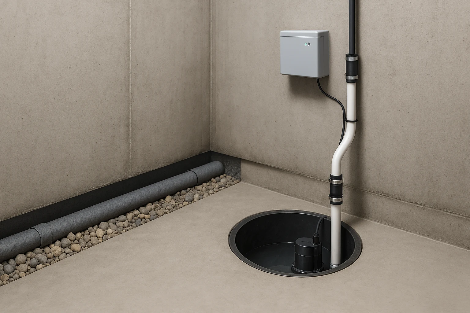 Cutaway view of basement corner showing interior French drain draining to a sump pit with pump and battery backup unit.