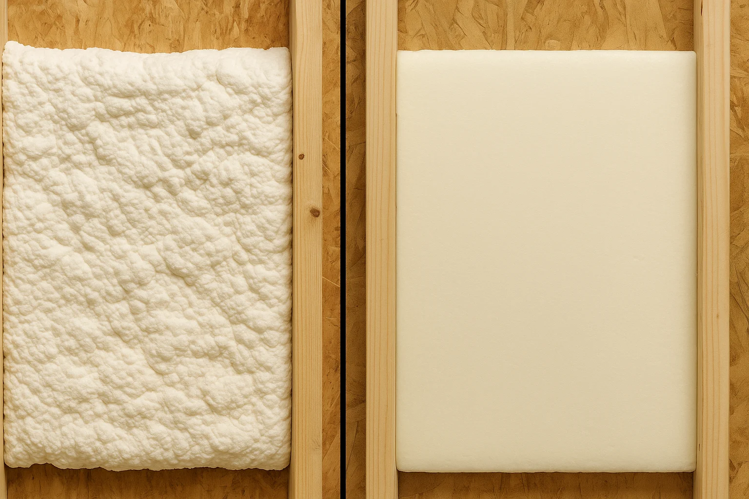 Side-by-side view of open-cell foam with spongy texture versus rigid closed-cell foam applied between wall studs