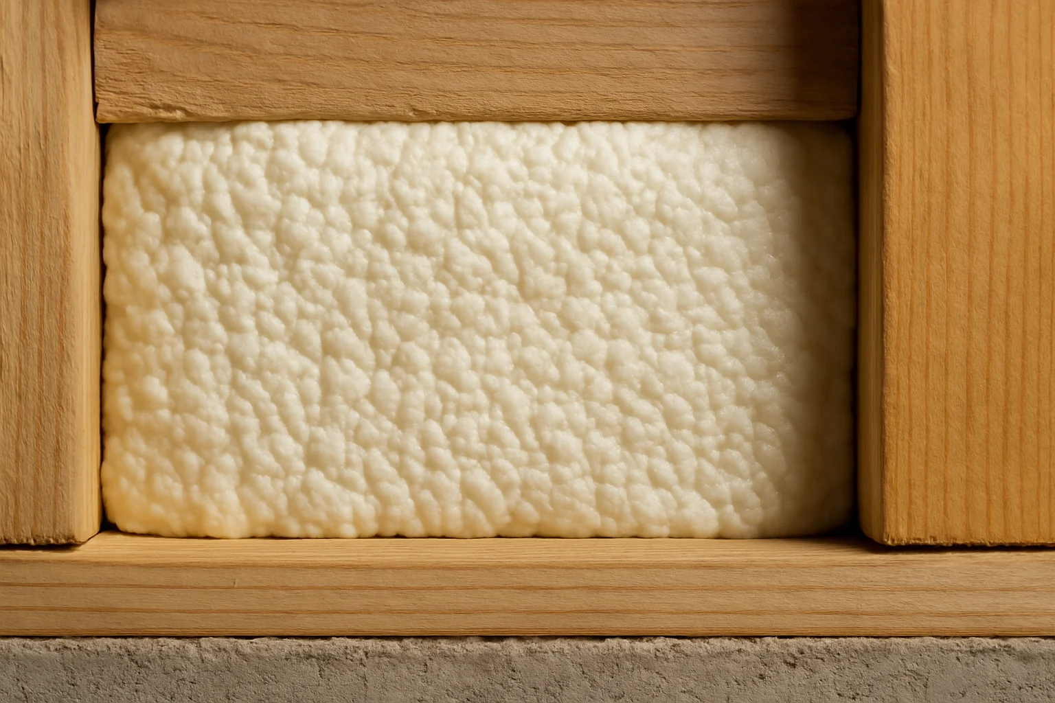 Close-up of closed-cell spray foam sealing a rim joist cavity along the foundation sill to stop outside air leaks