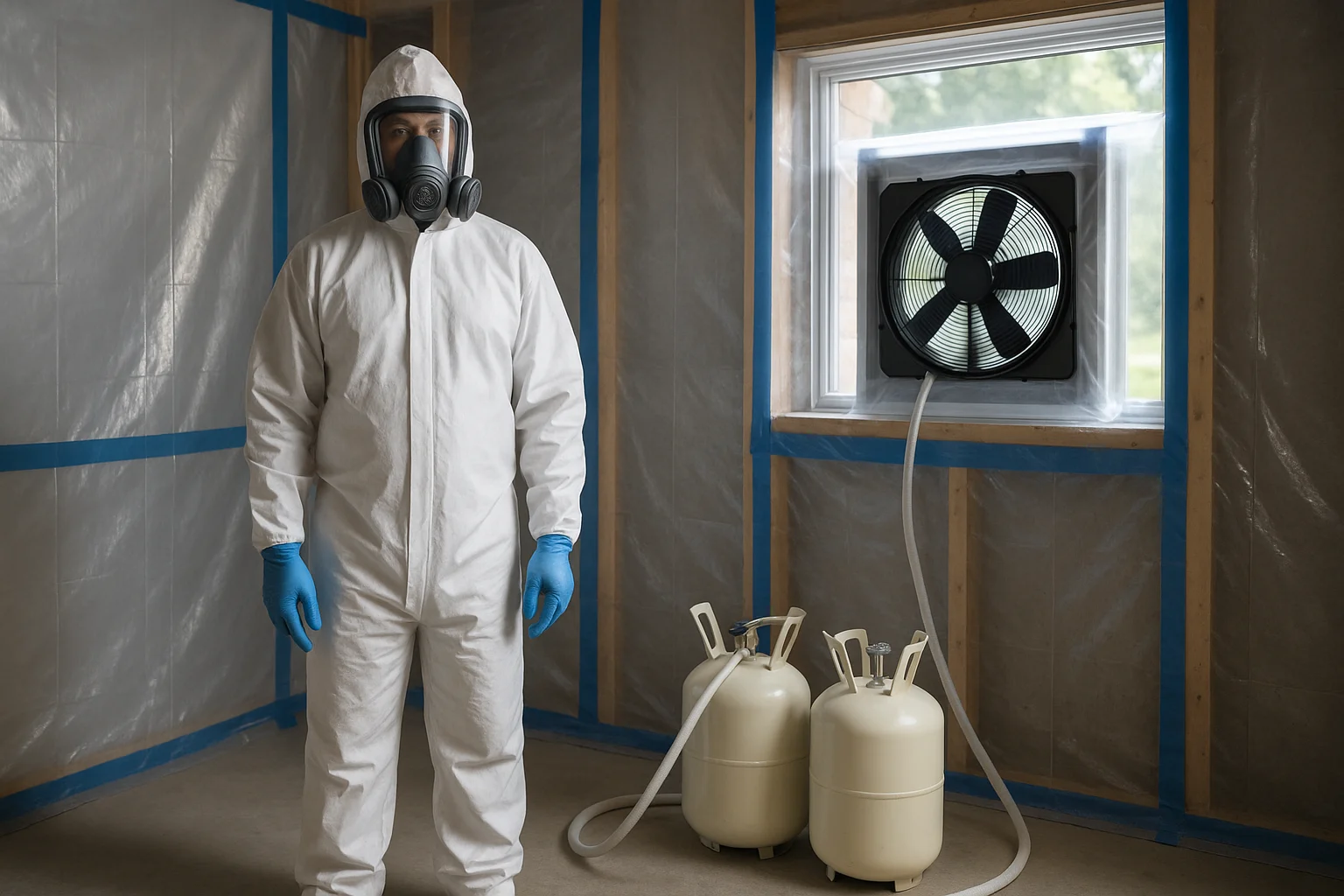 DIYer wearing full-face respirator, gloves and coveralls while an exhaust fan vents a sealed work area to the outdoors