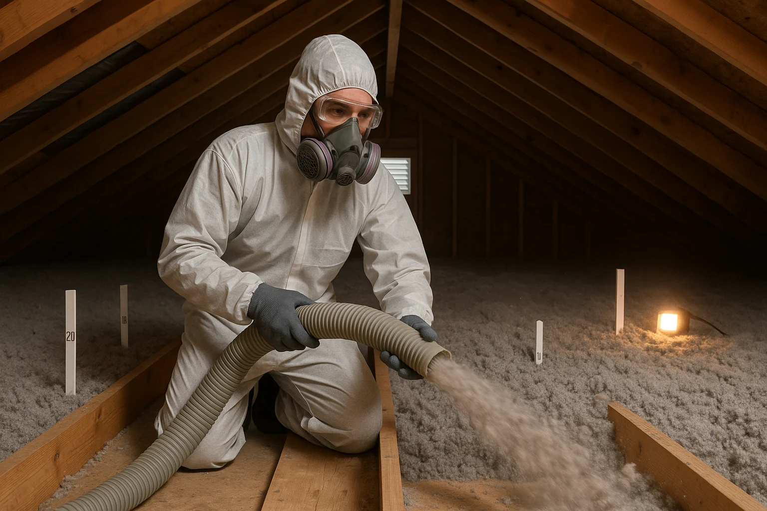 Technician applying blown-in cellulose in an attic; techniques also inform DIY insulation upgrades in walls and floors