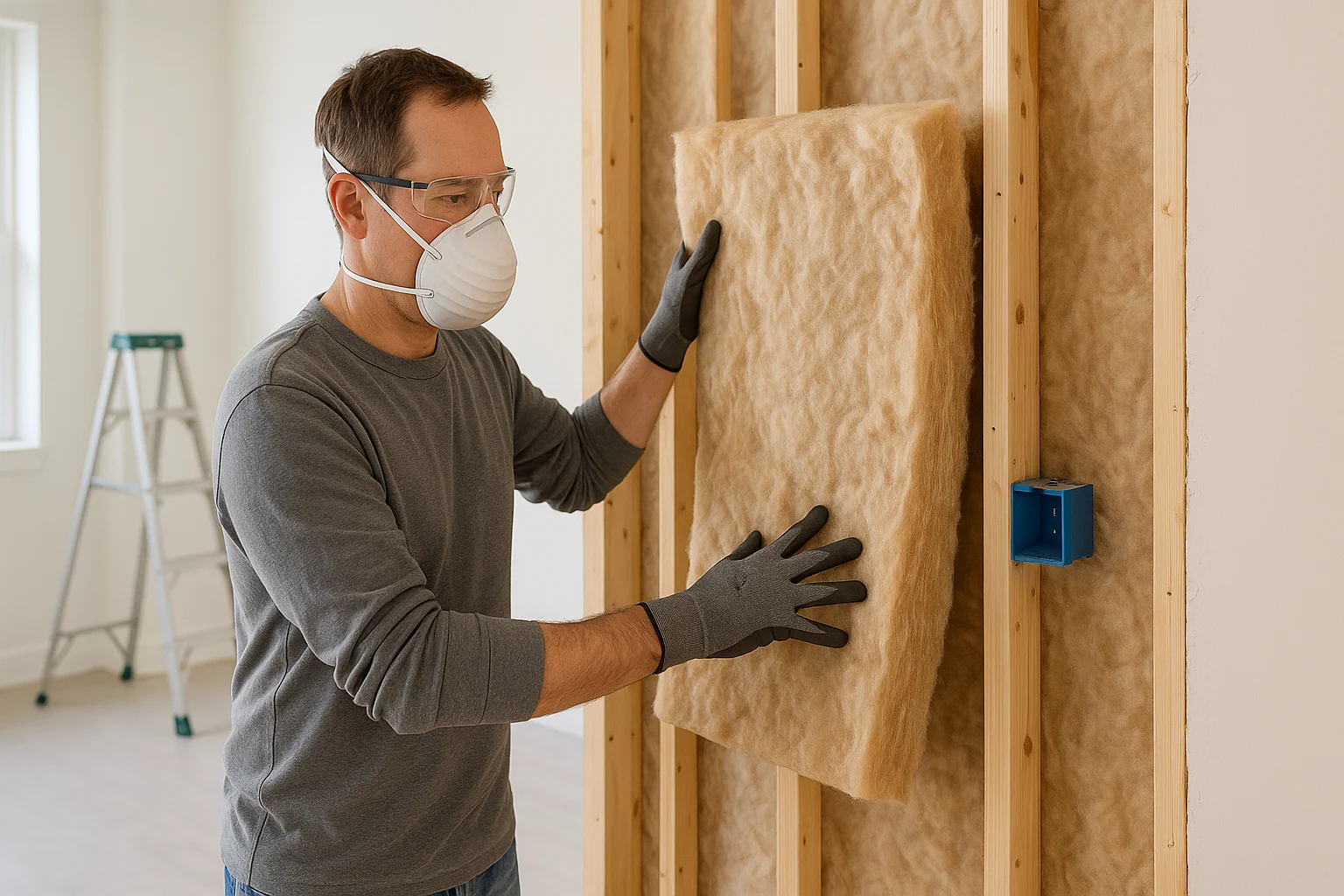 Homeowner installing fiberglass batts during a DIY insulation project in an open wall cavity