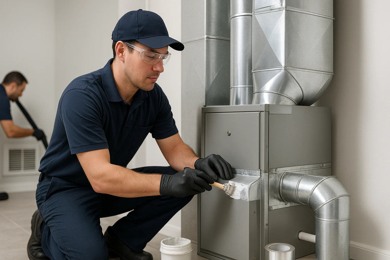 Technician sealing a furnace duct with mastic — guide on how often duct cleaning is needed and when to seal leaks.
