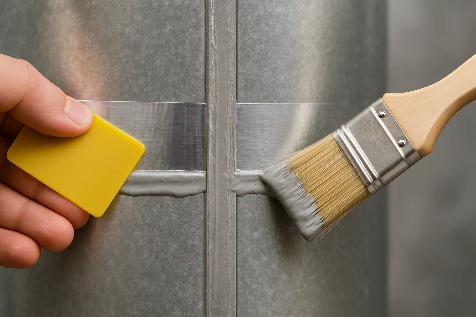 Close-up of foil tape seam and wet mastic brushed onto a metal duct joint — mastic vs tape comparison.