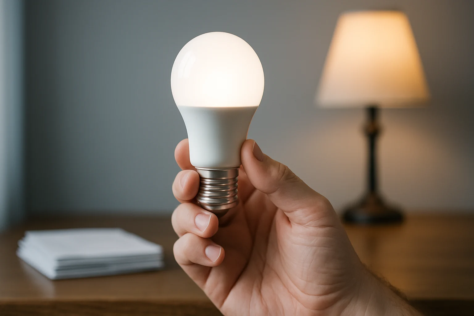 Hand holding a lit LED bulb with a lamp in the background