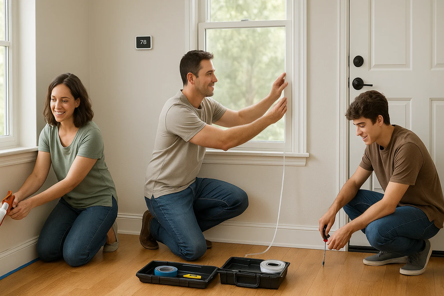 Save electricity bill: family air-sealing doors and windows to cut energy waste