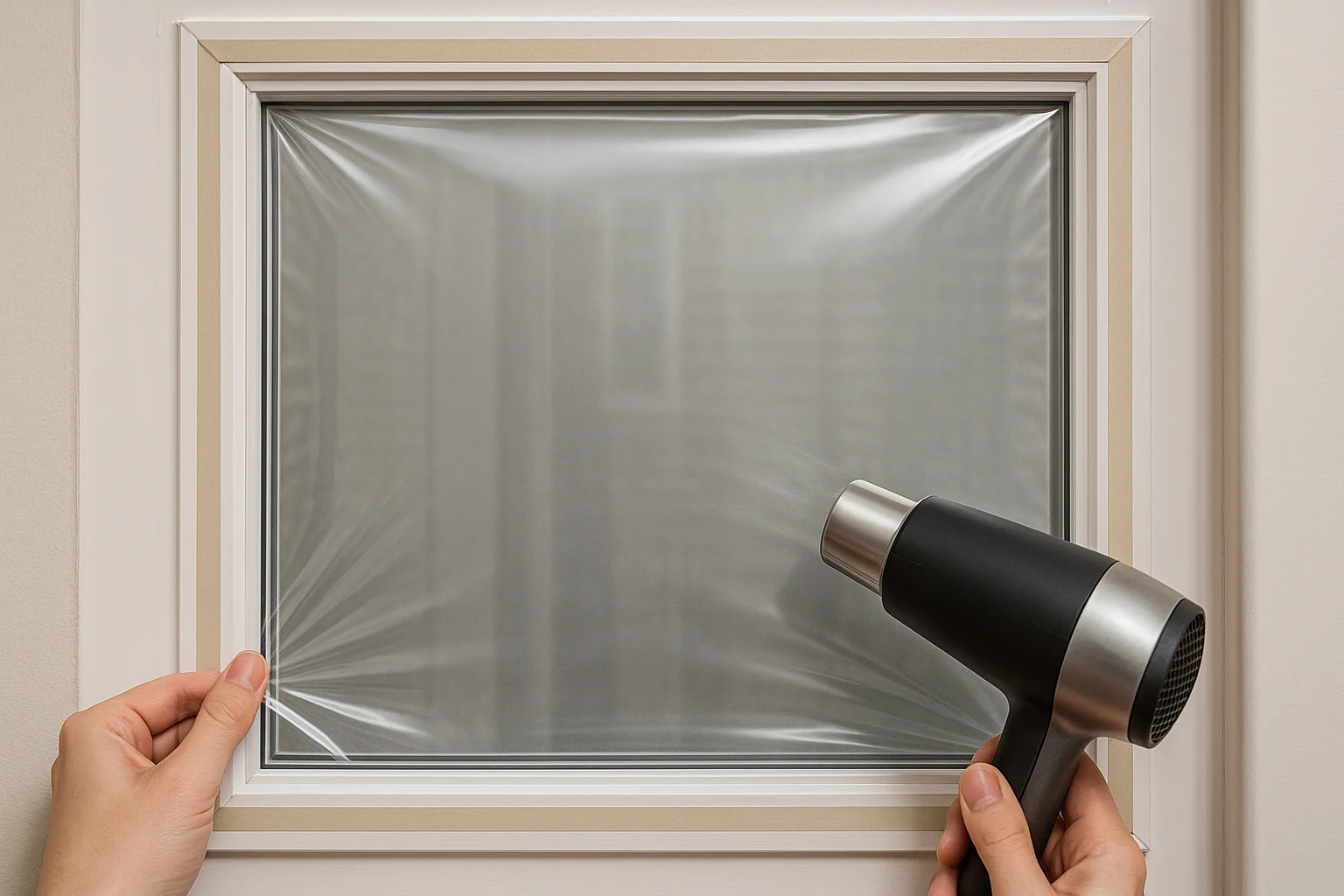 Applying shrink film to interior window frame with a hair dryer for window insulation
