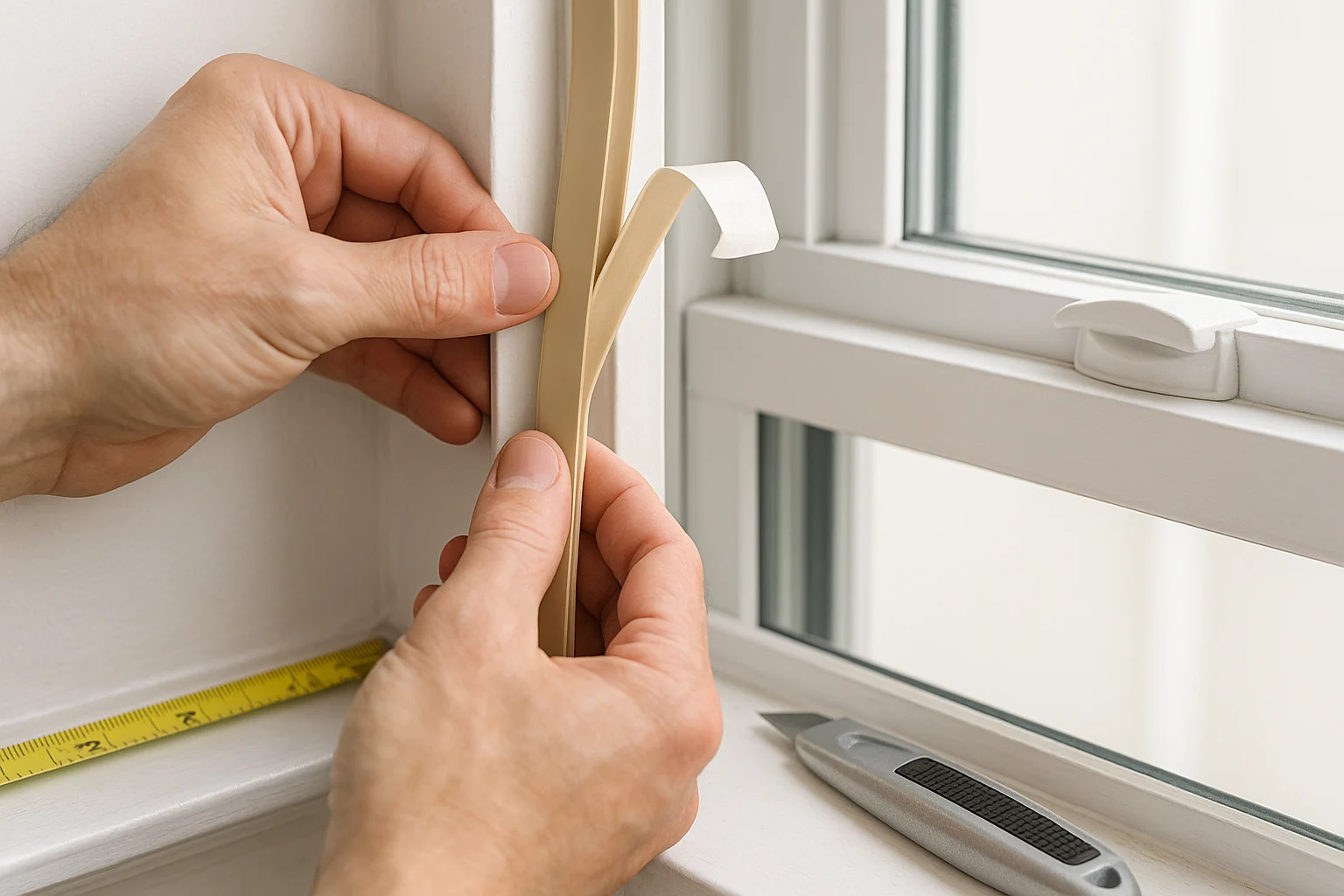 Installing V-strip weatherstripping on a double-hung window sash to stop drafts