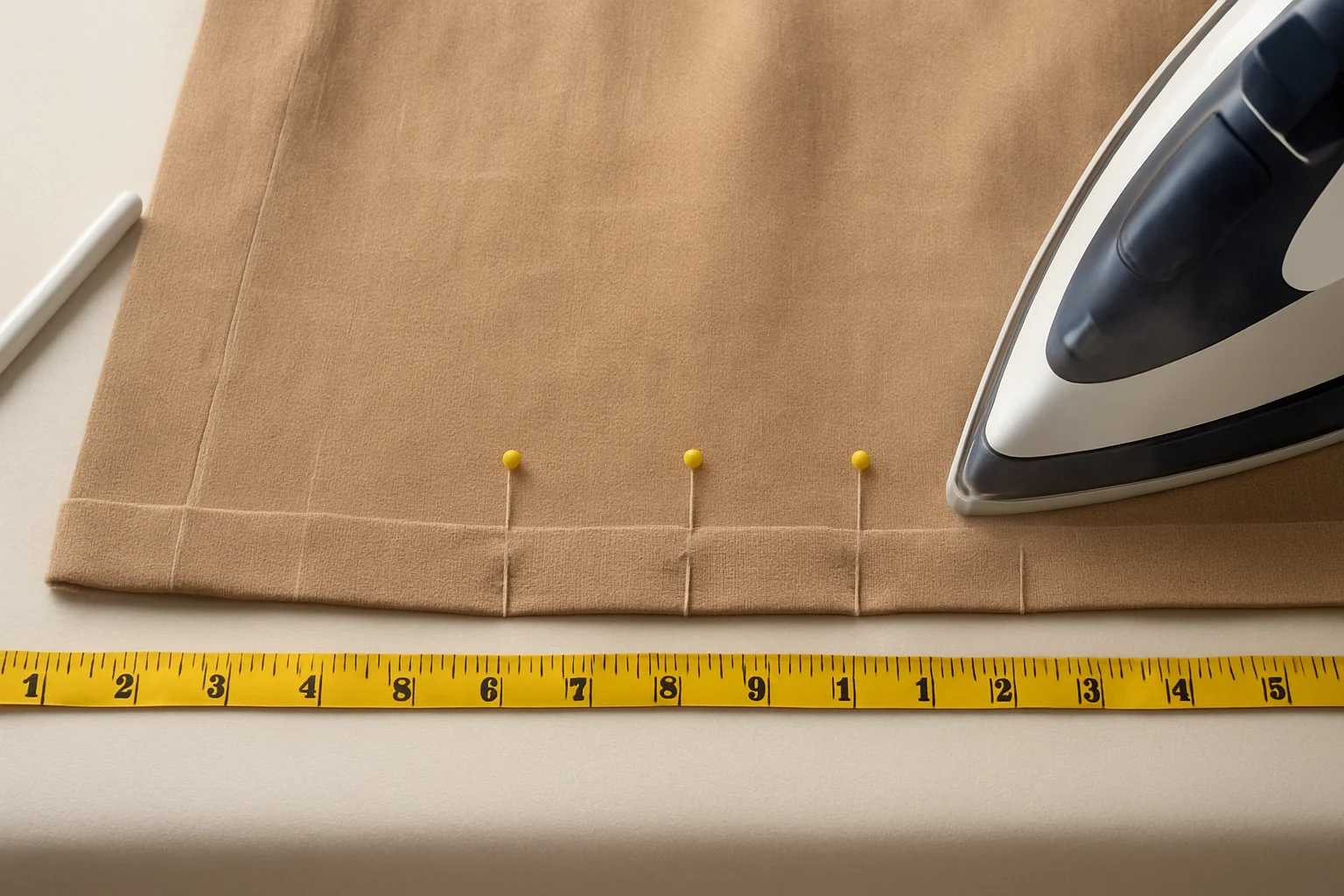 measuring and pressing a skirt hem with double-fold allowance and chalk marks before stitching to achieve a crisp, even finish at the right length