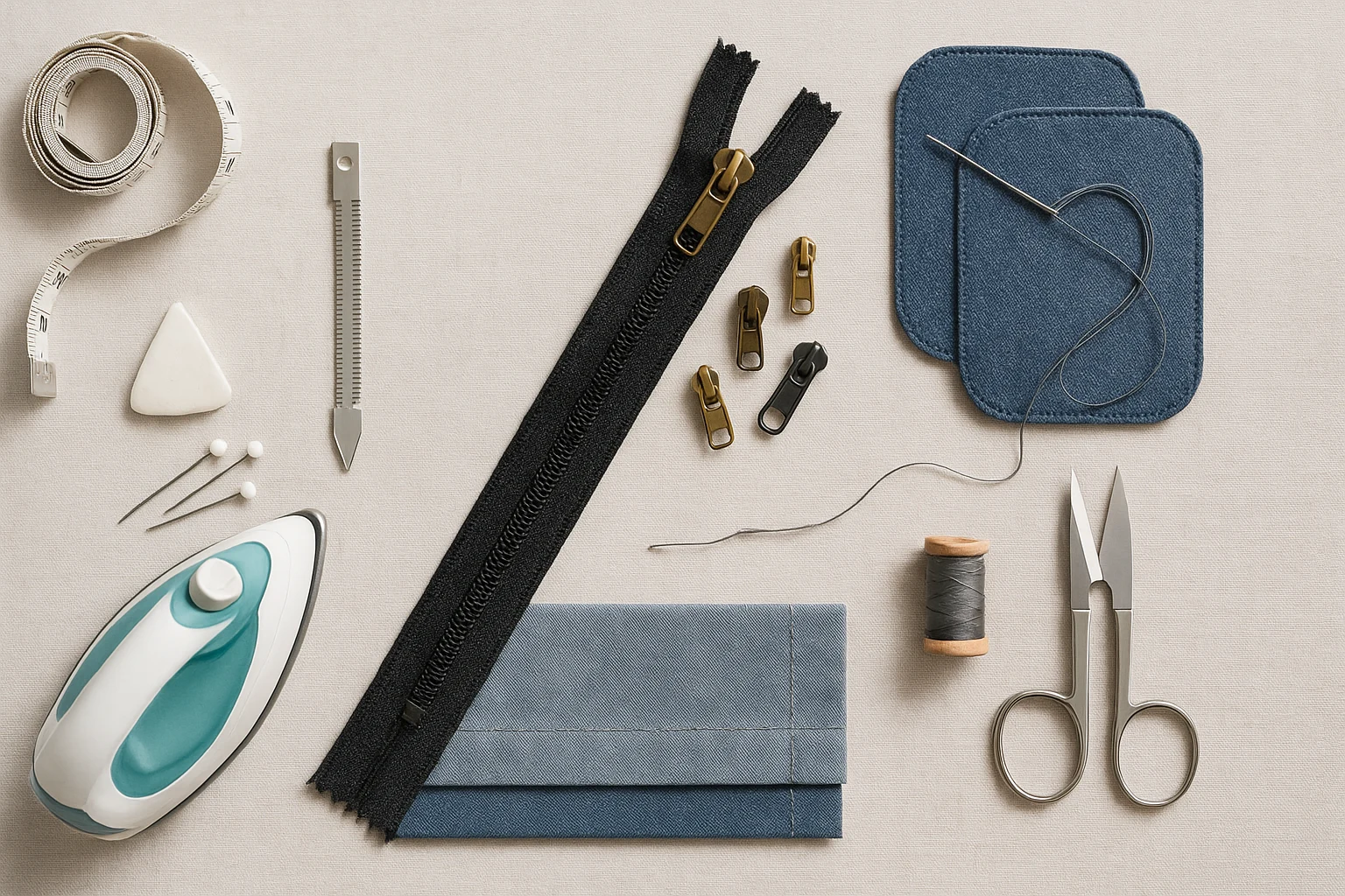 clothing repair basics laid out neatly—hemming tools, zipper sliders, and patch kits ready to fix common issues and extend garment life